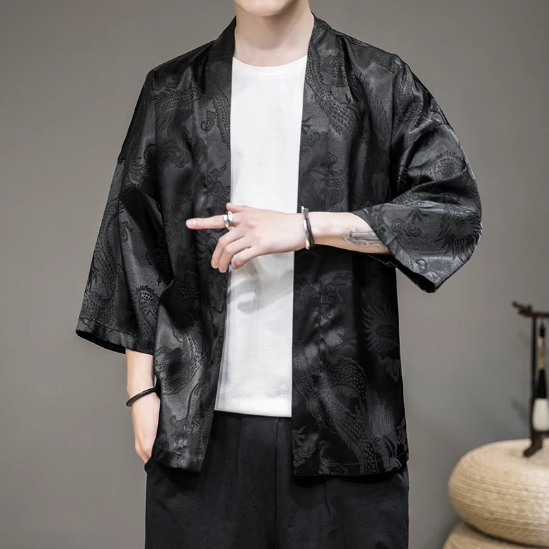 Japanese Kimono Shirts Men\'s Cardigan Fashion Harajuku Summer Streetwear Silk Dragon Embroidery Casual Outer Clothes