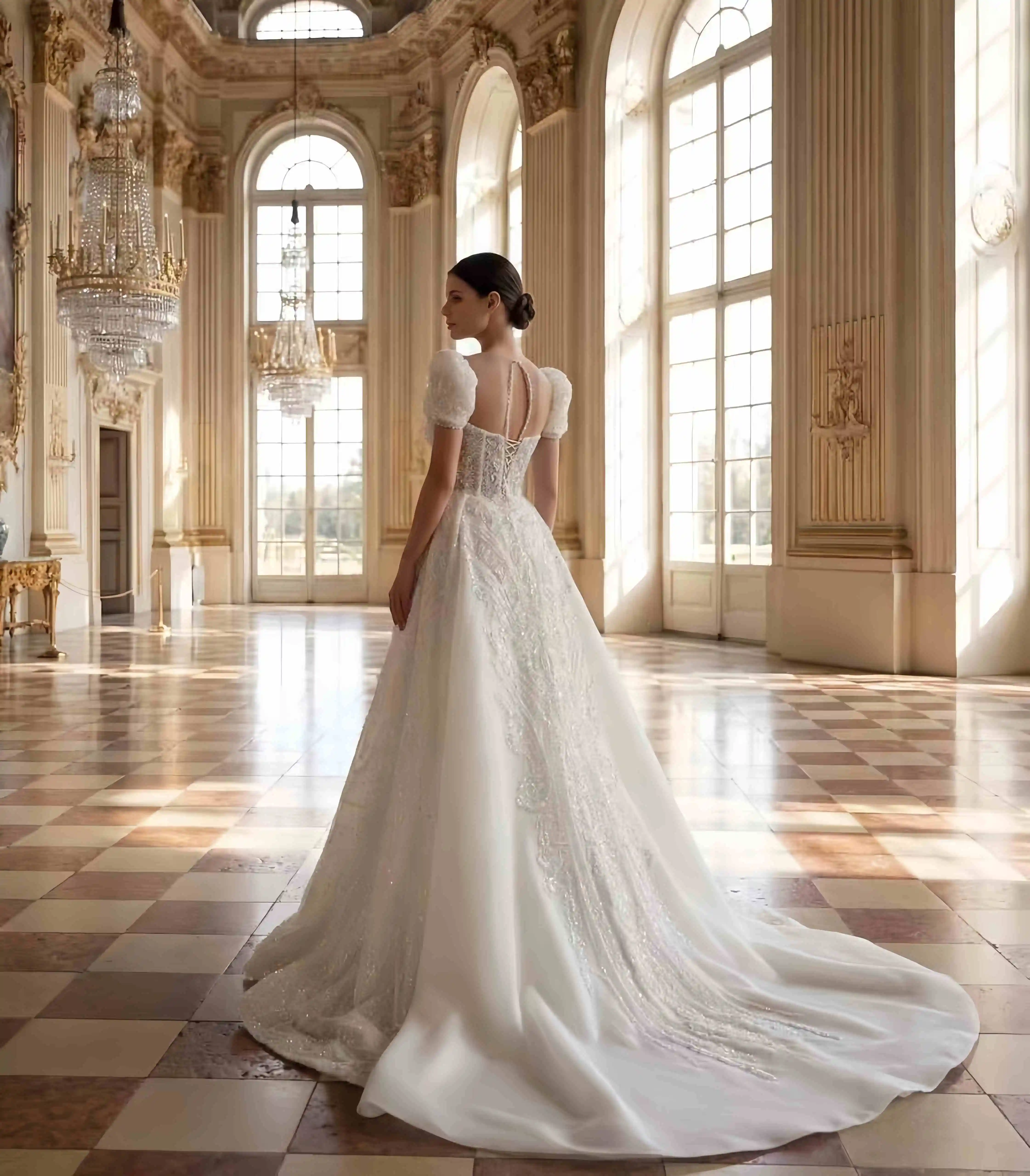Customized Luxury Strapless Cap Sleeves Mermaid Sweep Train Wedding Dresses Removable Train Lace Appliques Lace Up Bridal Gowns