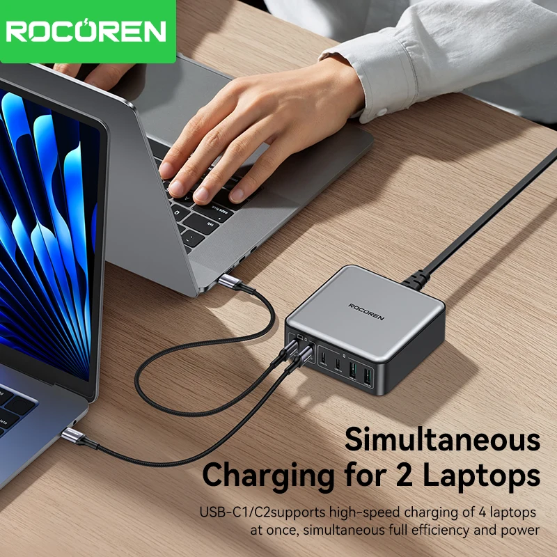 Rocoren 200W USB Type C Charger Fast Charging Desktop Charger Portable 6 Ports Power Station For iPhone 16 15 Pro Max Xiaomi 14