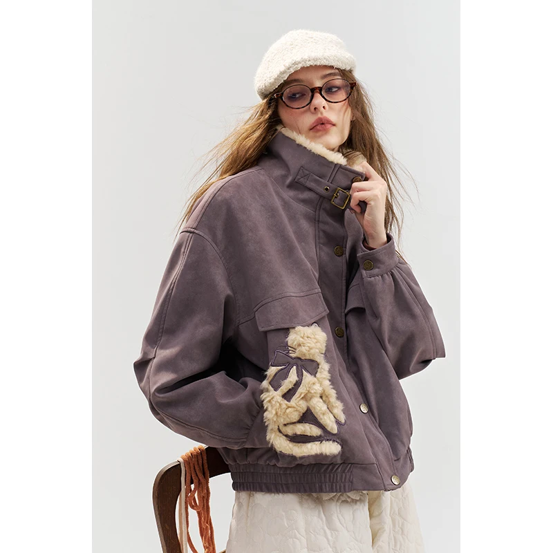 ELFSACK Women's Purple Padded Jacket with Fluffy Cat Embroidery, Faux Fur Collar Outerwear for Winter, Casual Loose Warm Coat