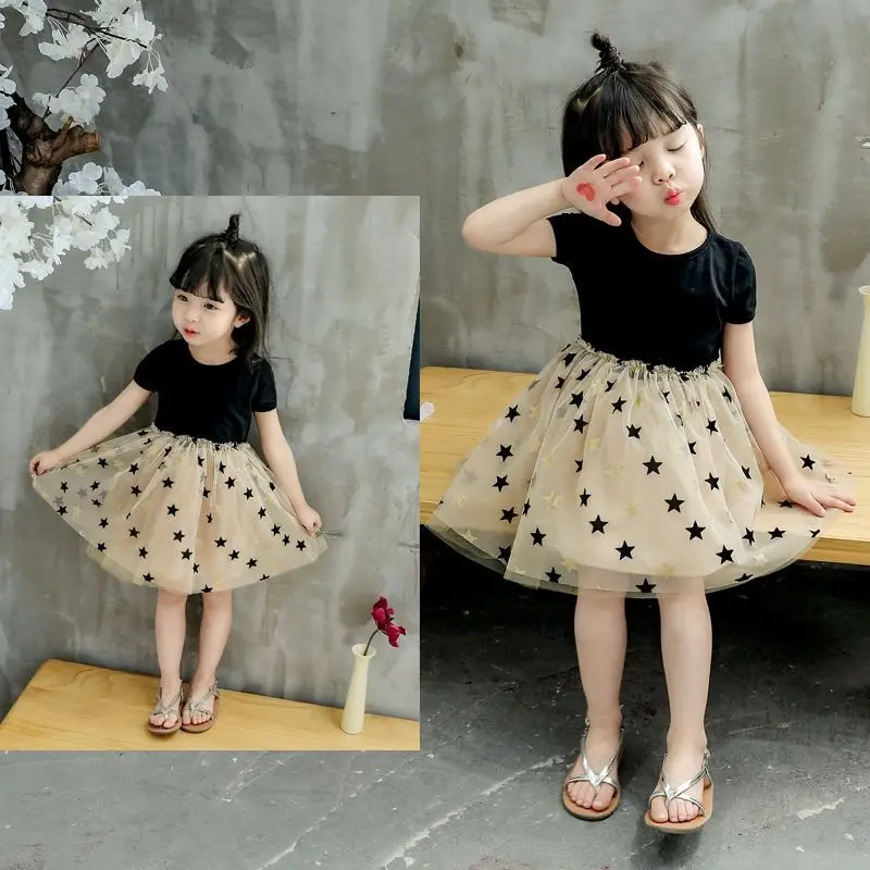 Summer Toddler Girl Dress Casual Birthday Party Star Shaggy Dress for 2-6Y Kids Princess Star Pattern Tulle Tutu Dress