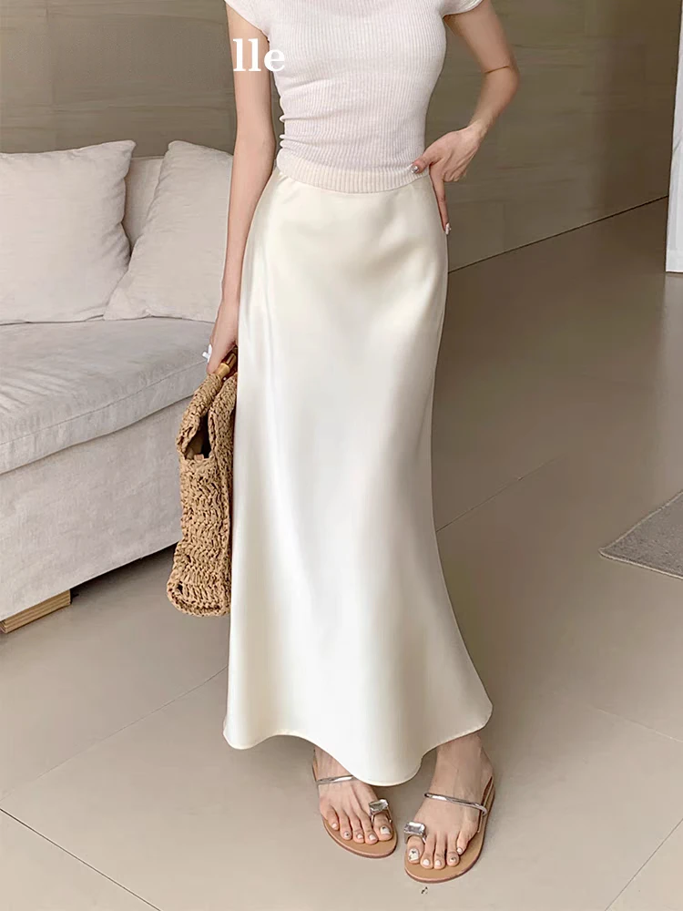 Summer Silk High Waisted Satin Skirt 2026 Slim Fashion Korean Women's Long Skirt Solid Champagne Black Midi Skirts for Women