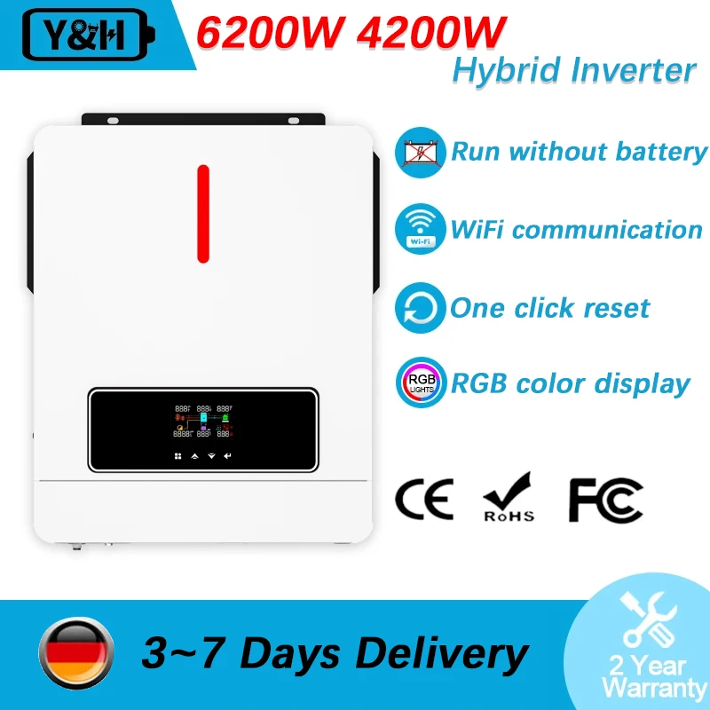 

Y&H MPPT 6.2 4.2KW Hybrid Solar Inverter 24V 220V Pure Sine Wave Off/Inject-network Grid Inverter For 220V Work Without Battery