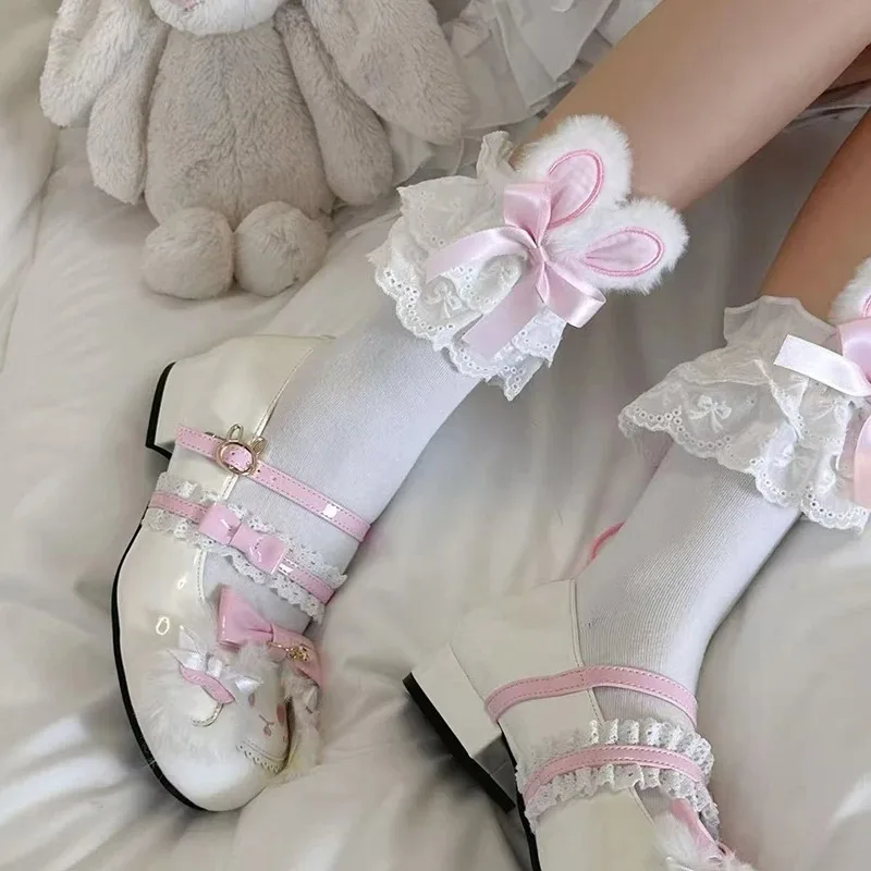 Calcetines japoneses Harajuku Lolita con orejas de conejo para mujer, calcetines cortos con lazo JK de verano, calcetines dulces de encaje grande de encaje Lolita