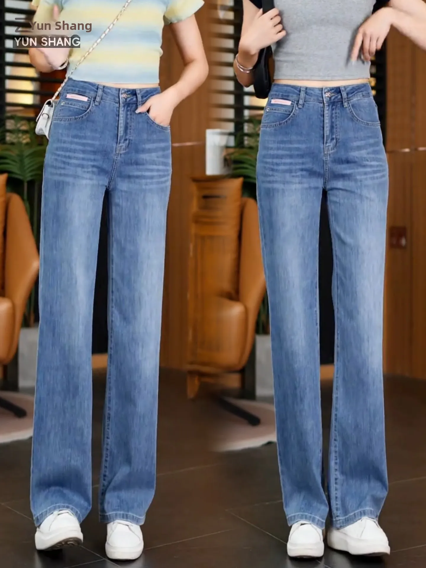Calça Jeans Feminina Azul Bordada de Perna Reta, Fina para o Verão, Tamanho Pequeno, Comprimento 7/8, Versão Estreita, Calça ...