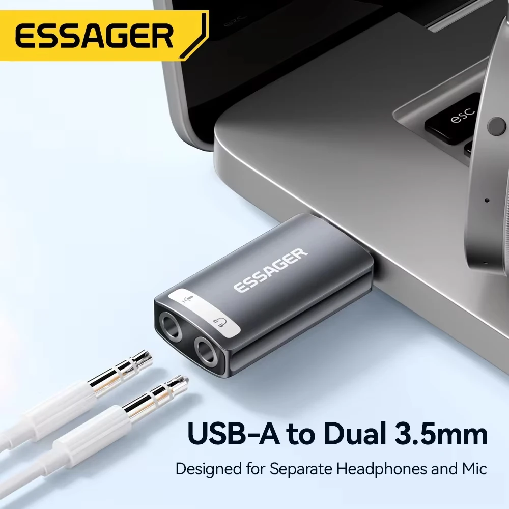 ESSAGER USB Sound Card | 3.5mm Dual Audio Adapter for PS4/PS5/Switch/Laptop – Plug & Play, Hi-Fi Chip, Headset + Mic Support