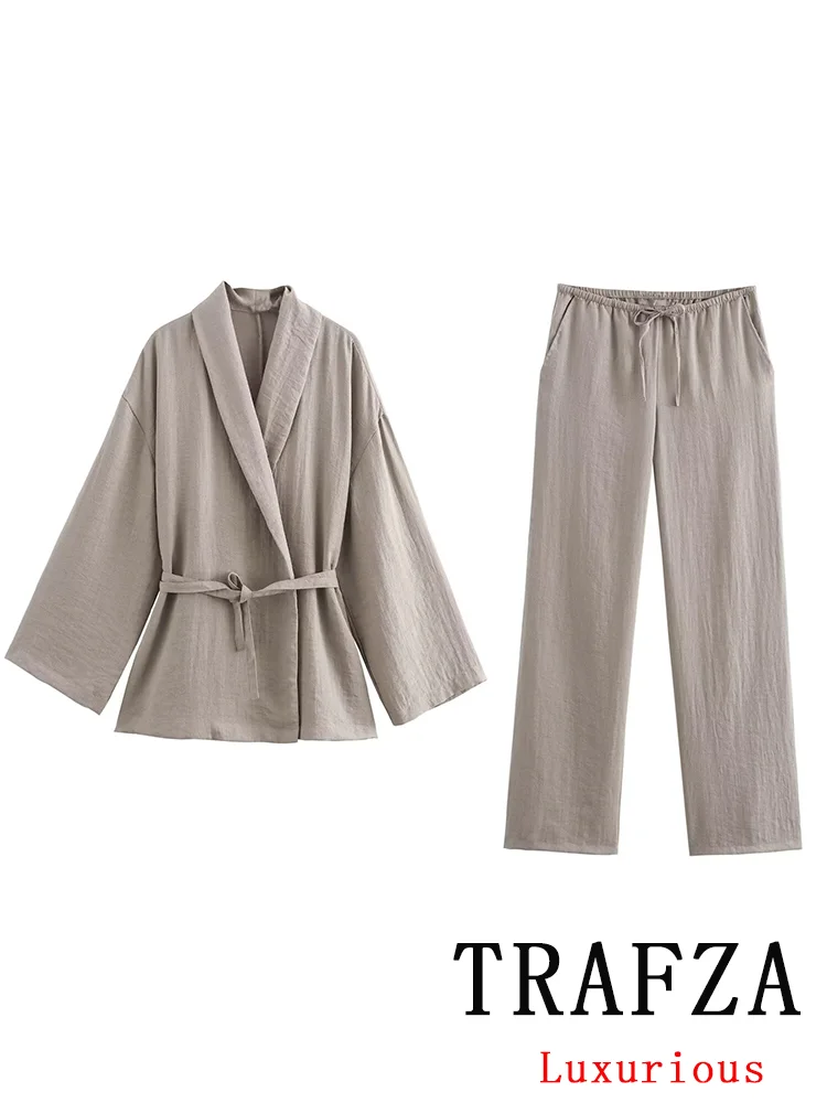 TRAFZA Vintage Casual Chic Solid Women Suit V-Neck Sashes Long Sleeve Shirts Loose Straight Pants New Fashion 2024 Summer Suits