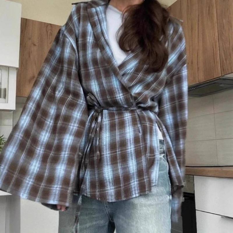 

Vintage Contrast Plaid Shirt Women 2025 Autumn New Design Loose Lapel Lace-up Plaid Shirt Wholesale