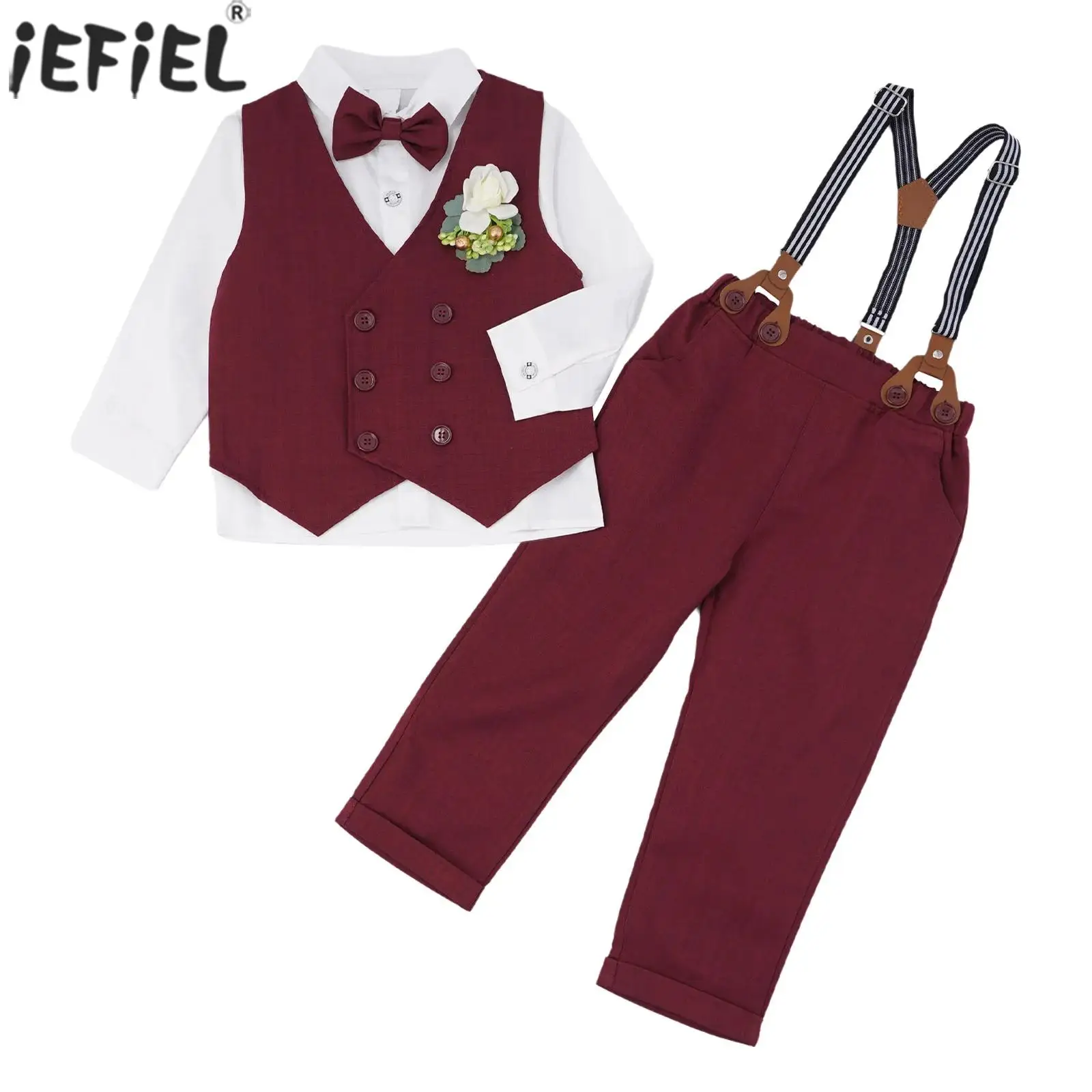 

Toddler Baby Boys Gentleman Suit Long Sleeve Shirt with Vest Suspender Pants Bowtie And Boutonniere Wedding Formal Party Outfit