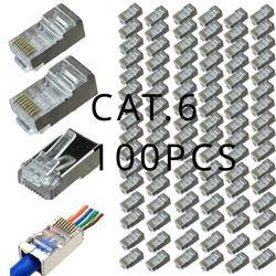 Plugue de cabeça modular do cabo Ethernet, prensado a ouro, blindado, Cat6, RJ45, perfurado, conector RJ45, 8P8C, 100 peças