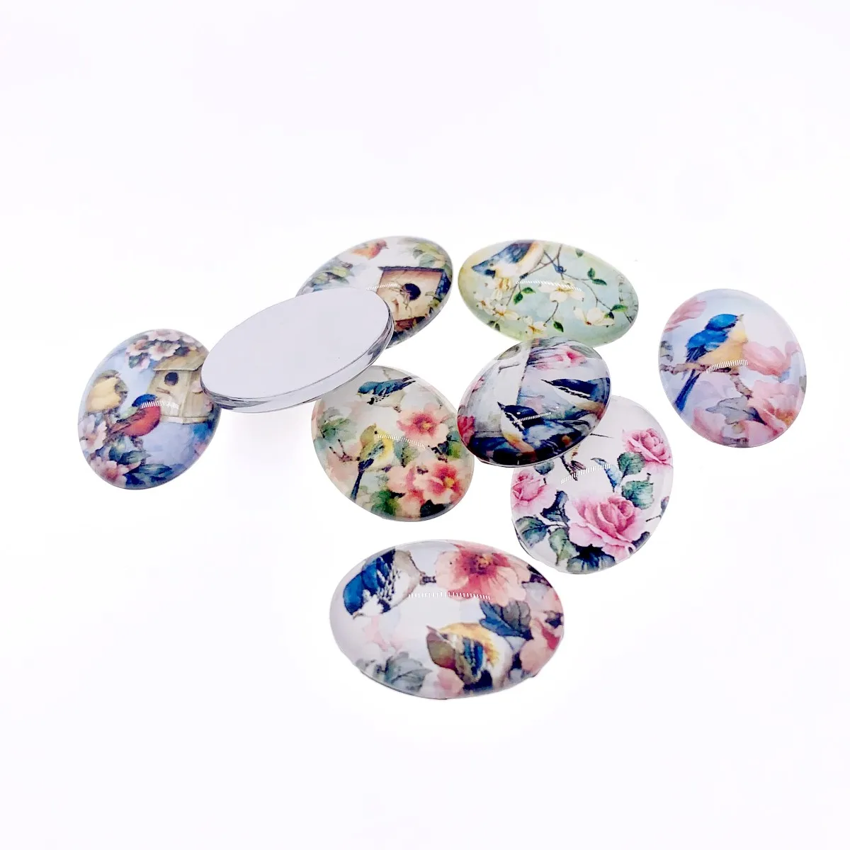 Onebeading 18x25mm Random Mixed Flower Bird Oval Glass Cabochons With Flatback Photo Dome Jewelry Pendant base 20pcs K05397