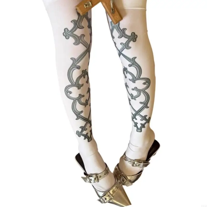 195E Women Japanese Gothic Vintage Patterned Elastic Thigh High Socks for Party Costumes