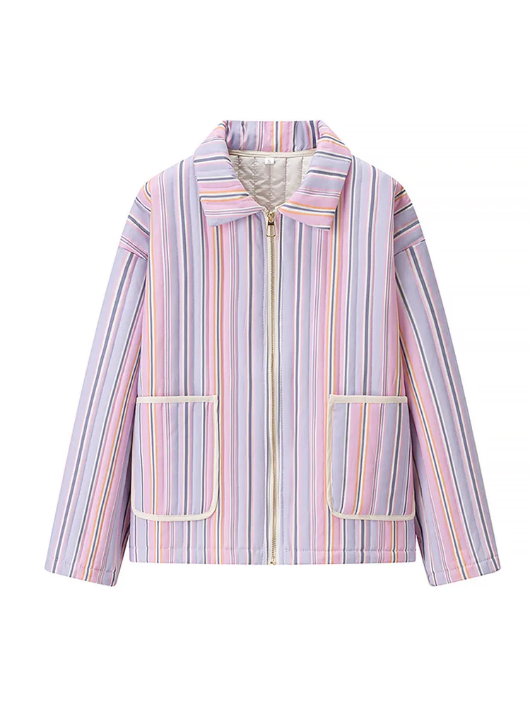 Colorful Striped Cotton Jacket Women Lapel Collar Full Sleeve Zipper Patch Pockets Coat 2025 Autumn Female Casual Streetwear
