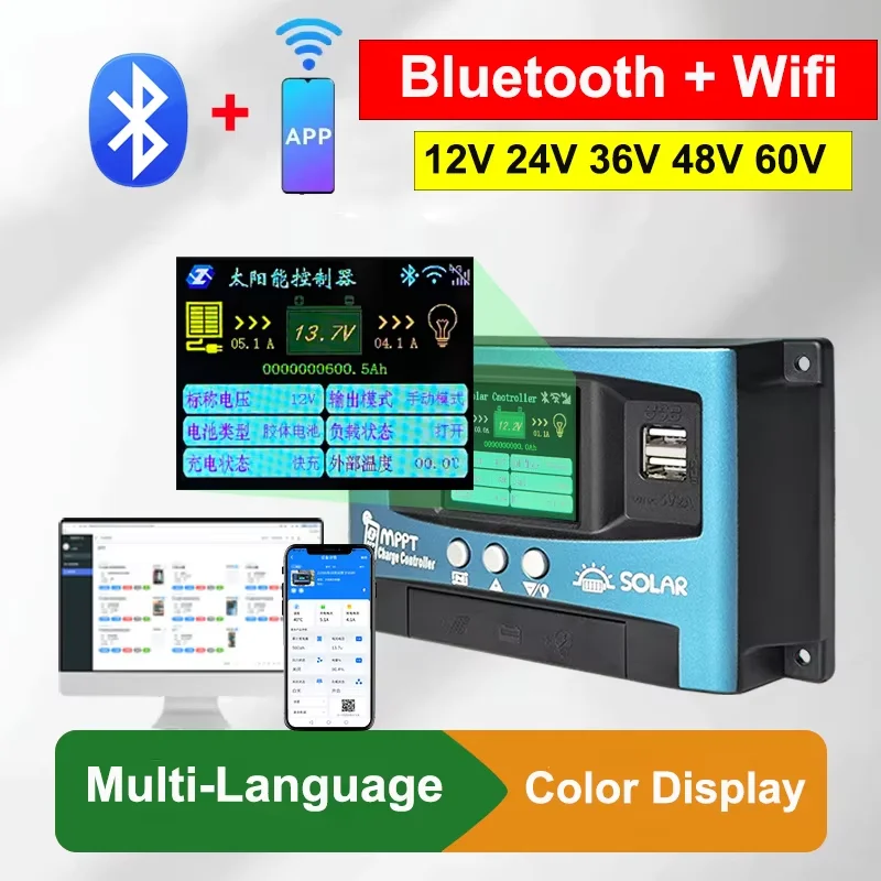 

30A 60A 100A WIFI Bluetooth MPPT Solar Controller Multi-Language Color Display Serial Port 12V/24V/36V/48V/60V Smart Controller