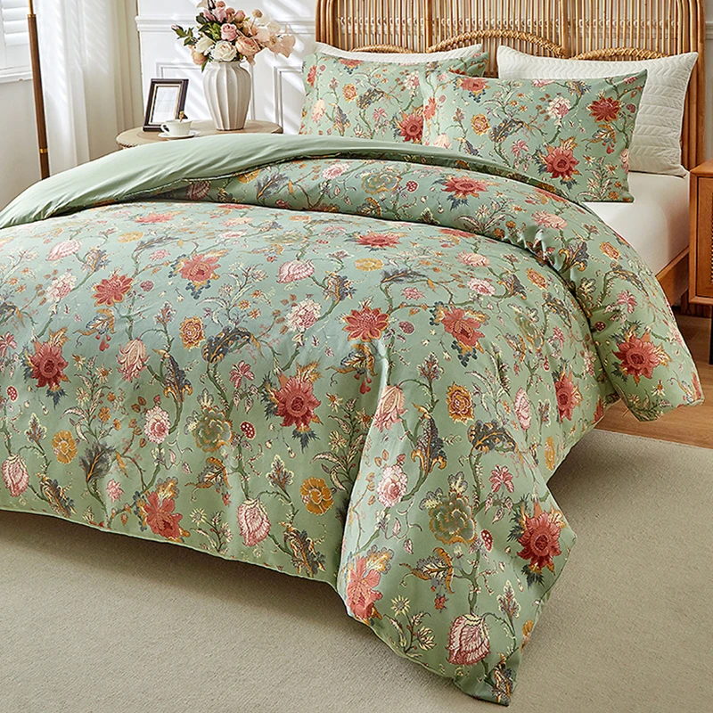 Juego de funda nórdica con estampado Floral Vintage, juego de cama doble suave y transpirable, funda de edredón y fundas de almohada tamaño Queen para todas las estaciones