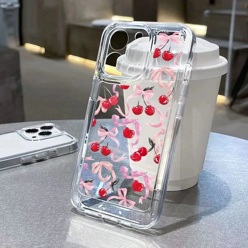 Funda de teléfono transparente suave para iPhone 15ProMax, fundas con patrón de lazo de cereza para iPhone14 13 12 11 XR 7/8Plus