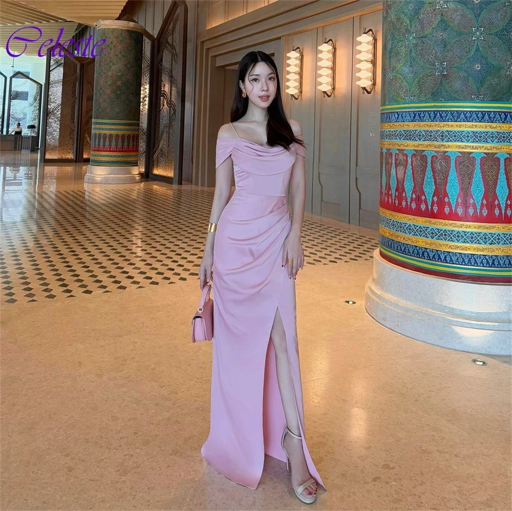 Gaun Pesta Satin Lavender Kustom Gaun Malam Berkualitas Tinggi Gaun Selebriti Celah Samping Tali Spaghetti Tanpa Tali Modern