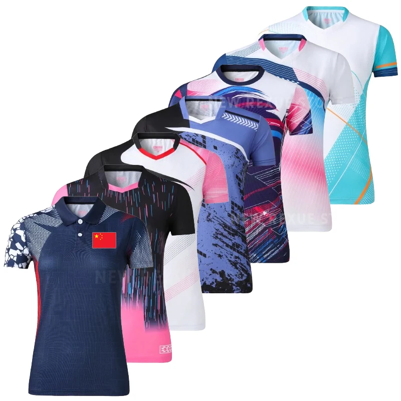 Table Tennis Badminton T-shirts for Women Quick Dry Print Short Sleeve Sports Ping Pong League Tennis Uniform Tops