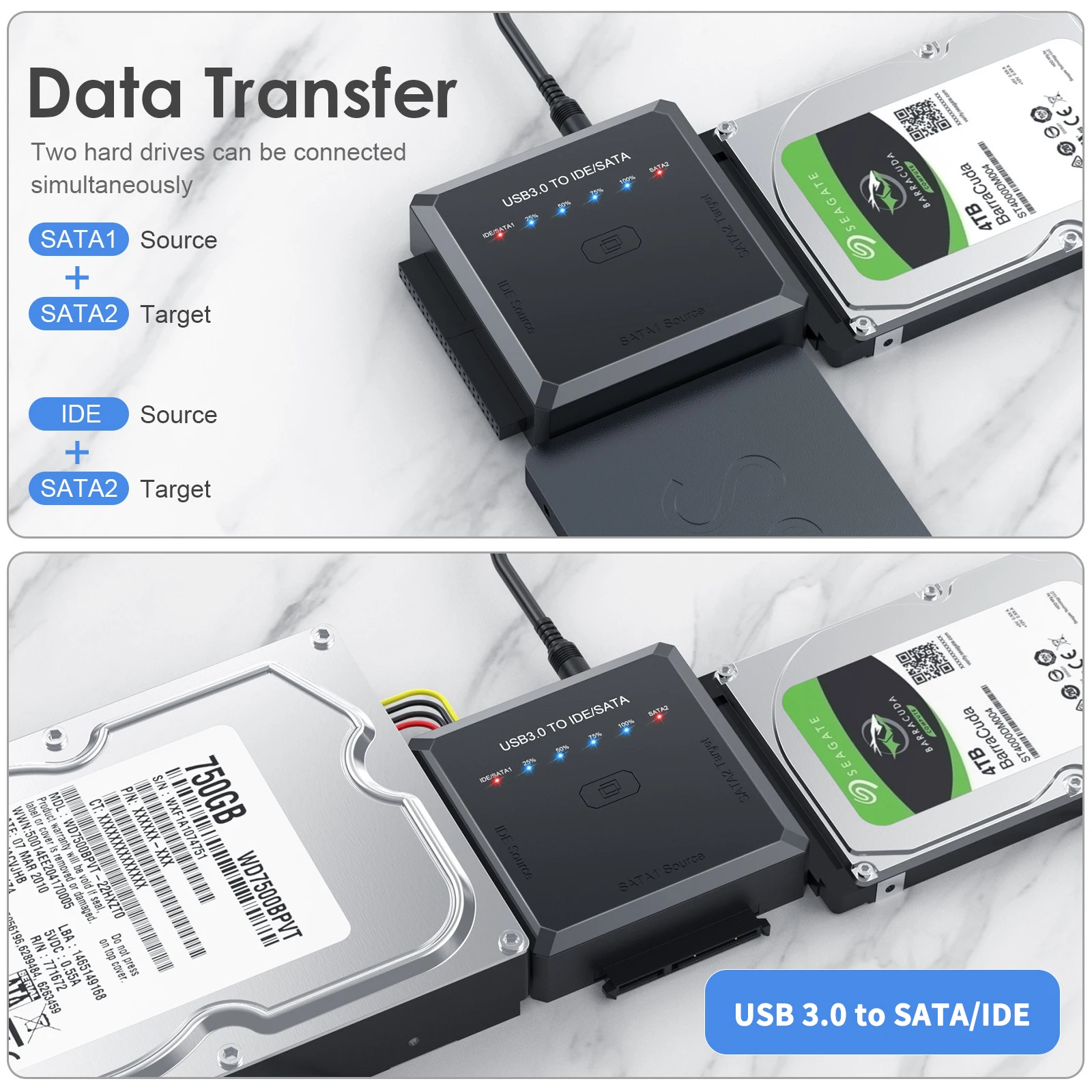 Adaptador USB 3,0 de 5Gbps a IDE/SATA, apto para disco duro de 2,5/3,5 pulgadas, HDD, convertidor externo SSD, enchufe EU/US/UK/AU opcional