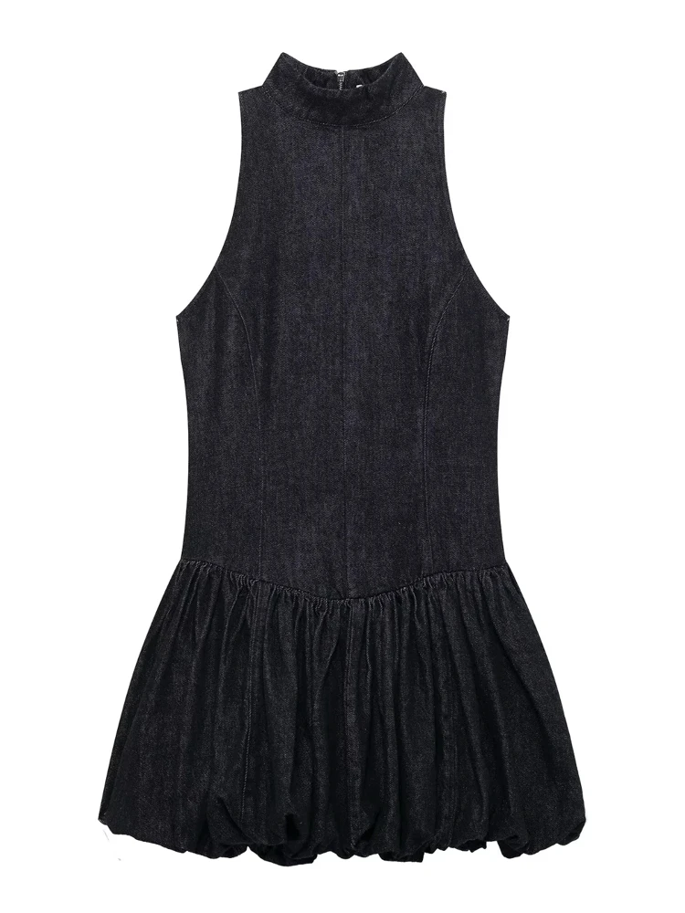

OUROPEAN ZTATION 2025 Summer Woman Chic Stand Collar Dress Mini Skirt Streetwear Woman's Sleeveless Dresses Ruffles zipper Thin