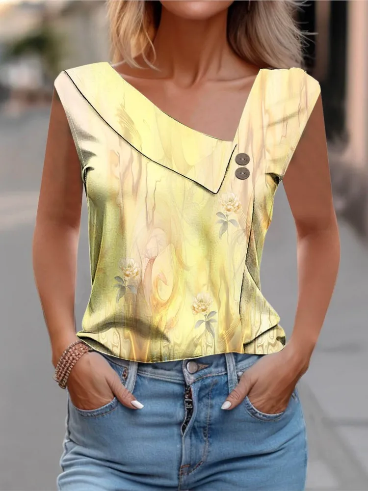 

New T-shirts 2024 Popular Spring And Summer Popular Women's Tee Sleeveless Floral Printed Asymmetrical Neck Commuting Slim Tops