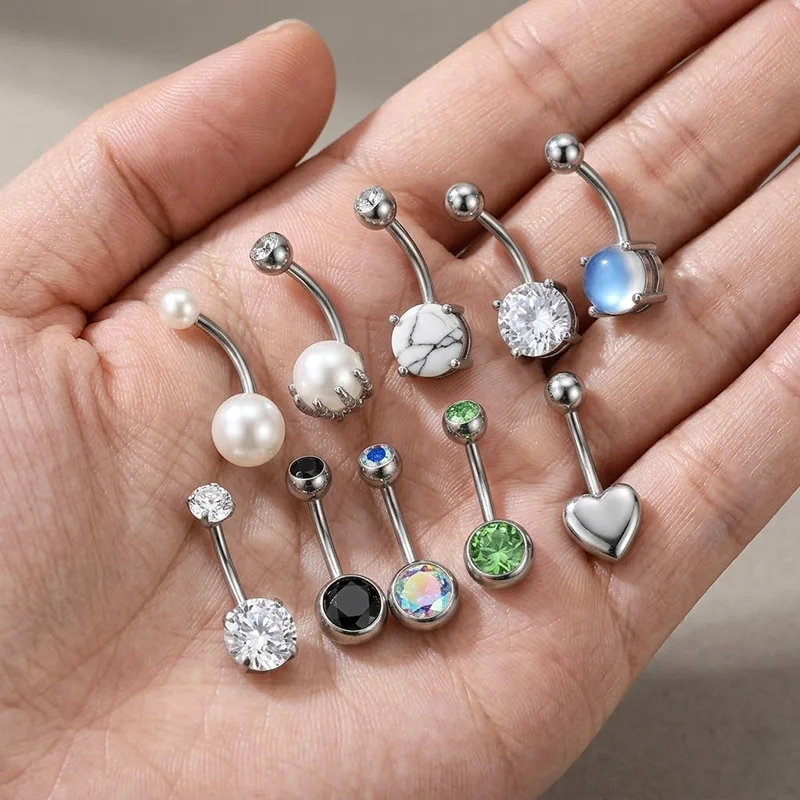 Vintage Opal Pearl Belly Button Rings 316L Surgical Steel Natural Stone CZ Navel Piercing Jewelry for Women Choose Style