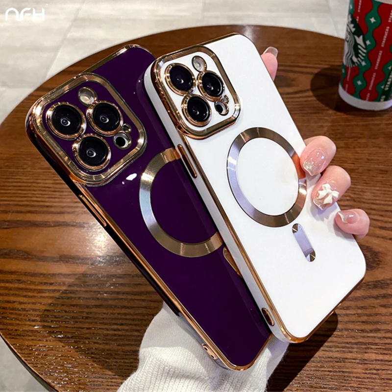 For iPhone 15 Pro Max Luxury Magsafe Magnetic Plating Frame Phone Case For iPhone 11 12 13 14 15 16 Plus Lens Protective Cover