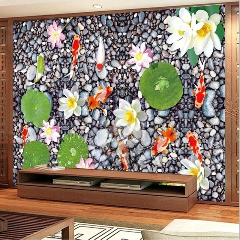 Custom Wall Murals Lotus Flowers Fish Nature Scenery Wallpaper Home Decor Background Painting Wall Papers Home Decor 3D