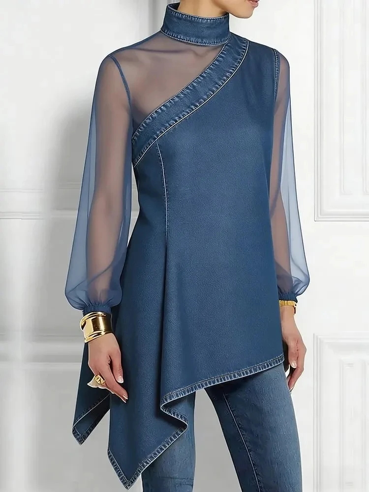 

Women's Asymmetric Denim Shirt Vacation High Neck Irregular Hem Sheer Mesh Loose Fit Fashion Party Top Spring/Fall Women's Tops