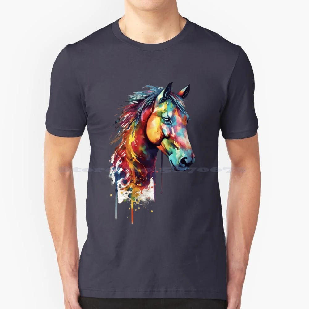 Rainbow Horse Head-Watercolor , Abstract , Bright Colors , White Background , Portrait T Shirt 100% Cotton Tee Rainbow Portrait