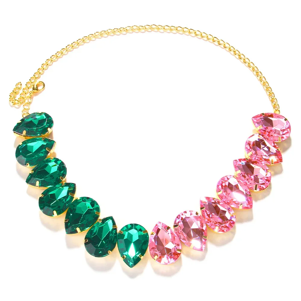 Green and Pink Water Drop Necklace Crystal Choker Jewelry Fashion Irregular Stitching Necklace Collar Wedding Accessories Gift