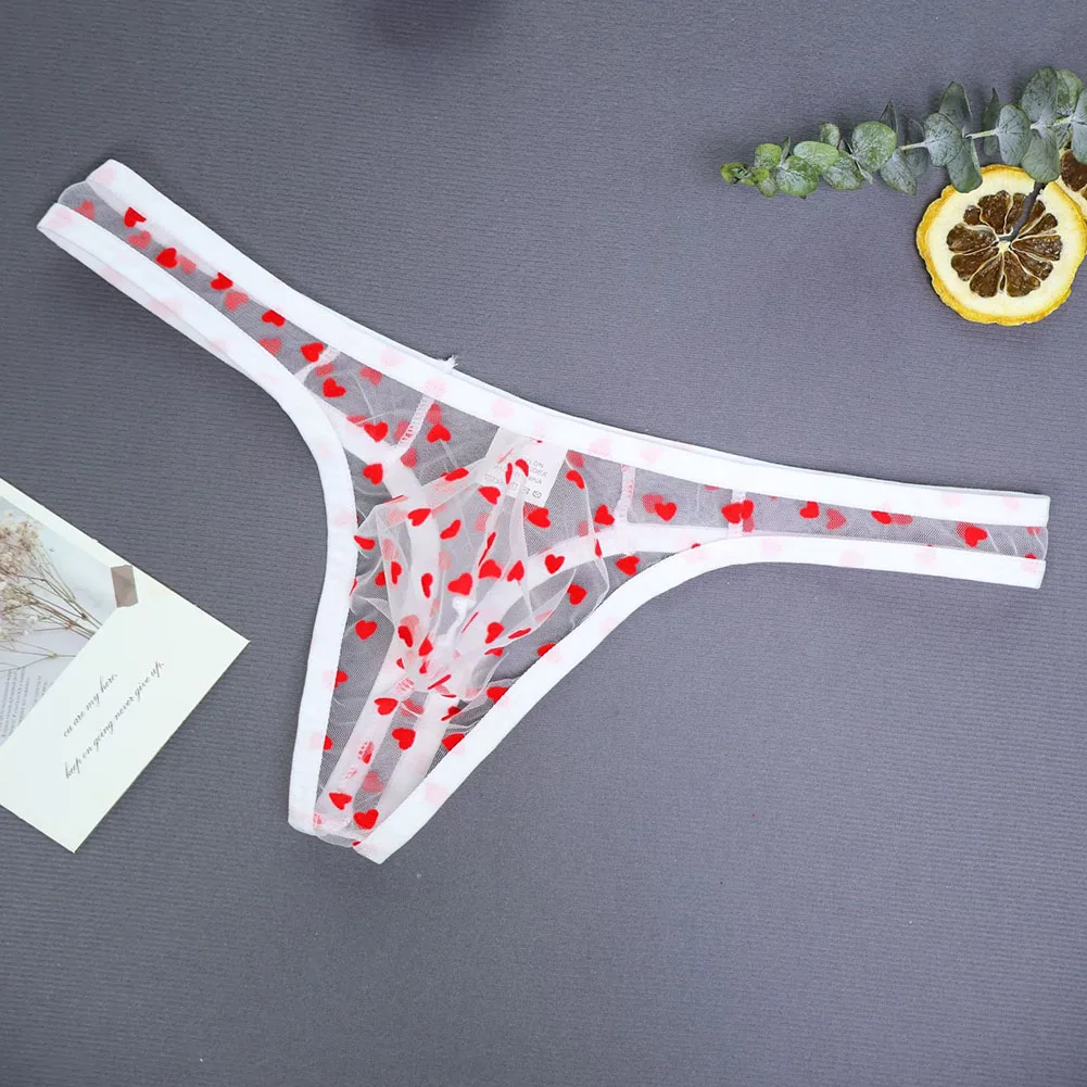 

Sexy Panties Men's Thongs Mesh Heart Printed Sheer Underwear Man G-strings Breathable Lingerie Ultra-Thin Underpants Trunks