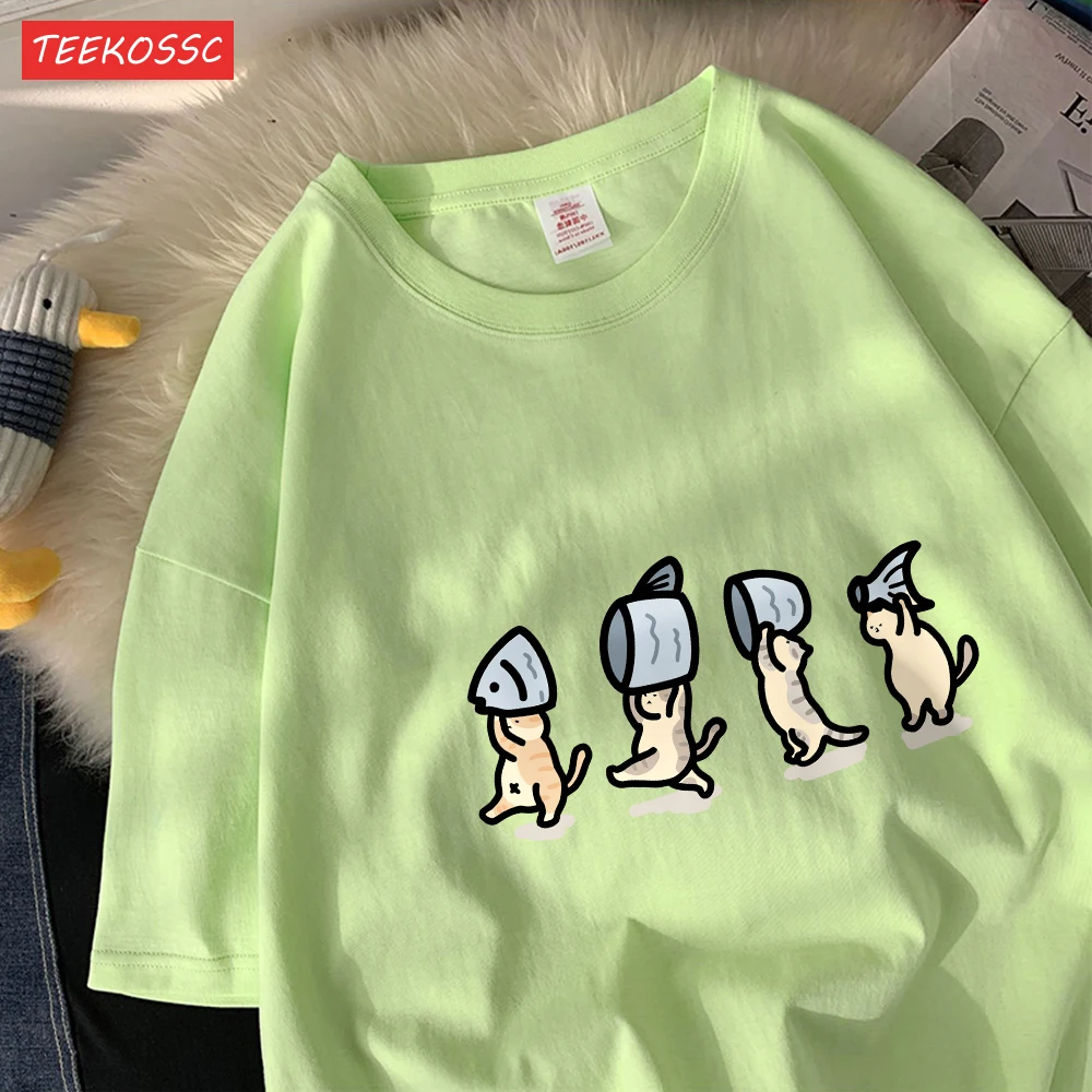 Vier Kleine Katzen Halten Fishcotton Frauen T-Shirts Cartoons Drucke T Shirts Weiche Oansatz Lose Kurzarm Tops Sommer Kleidung – Detail 20