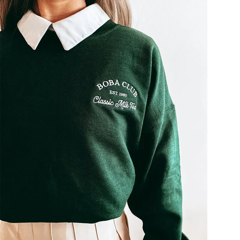 Boba Club Est.1980 Letters Embroidered Green Spring Sweatshirts Women Long Sleeve Cotton Thin Pullovers American Retro Jumpers