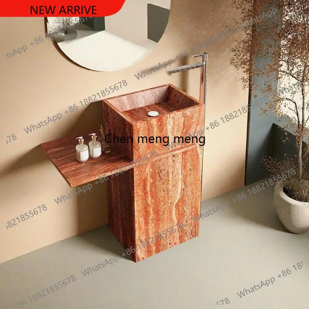 

F182 "Винтажный туалетный столик для ванной комнаты из красного травертина — отдельно стоящий роскошный каменный шкаф для улицы/балкона, стиль середины века"