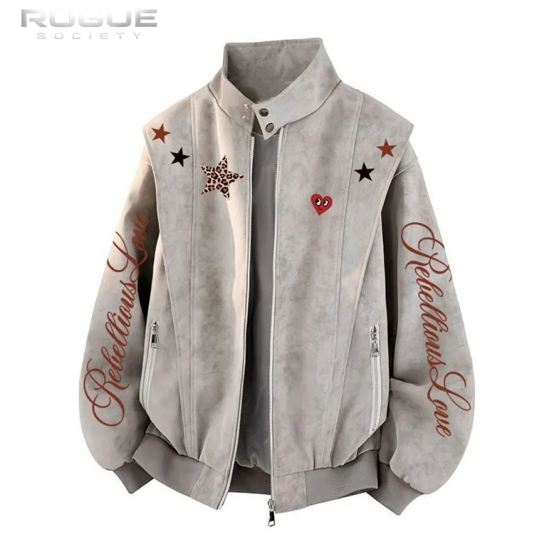 American Retro Star Letter Print Suede Jacket Men Y2K Patchwork Heart Embroidery Stand Collar Zipper Streetwear Outerwear Unisex