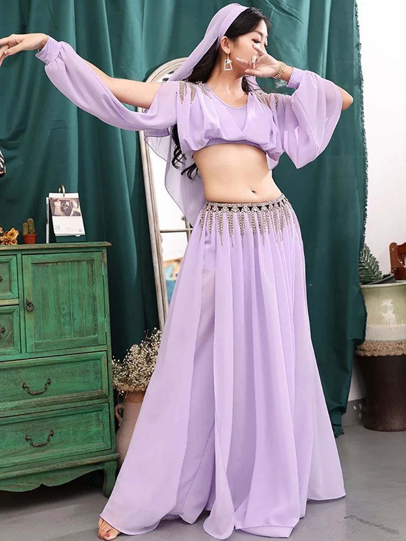 Women Dancer Belly Clothing Mesh Top Skirts Dancewear Set Female Dance Skirt Muwashahat Folk Stage Performance Costume No Belt