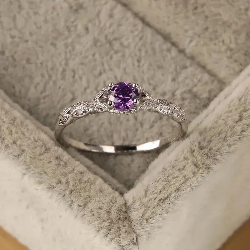 Sterling Silver Light Luxury Style Amethyst Zirconia Women\'s Ring in Europe and America Simple Fashion Gem Temperament Ring