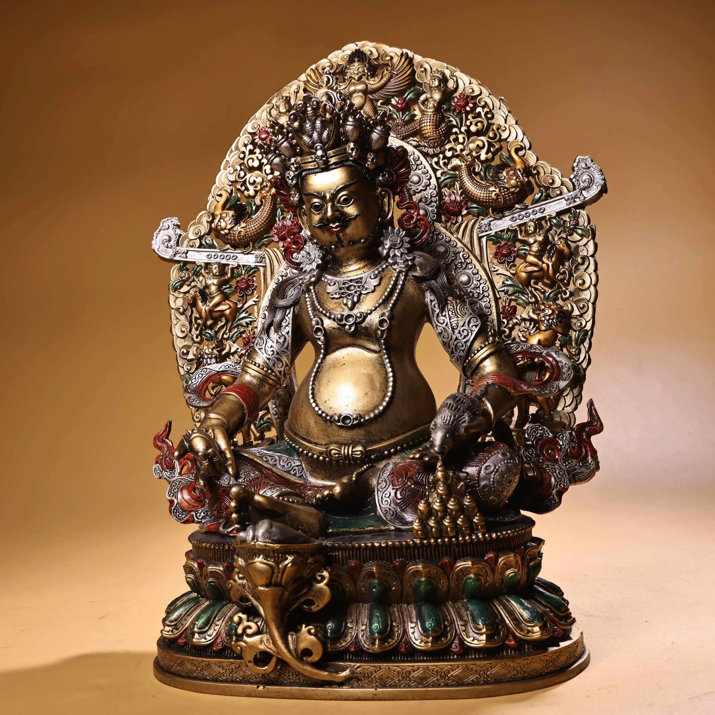 Old Copper Painted Gold Highlight Yellow Jambhala Buddha Statue Serene Face Heavy Patina Exquisite Craft
