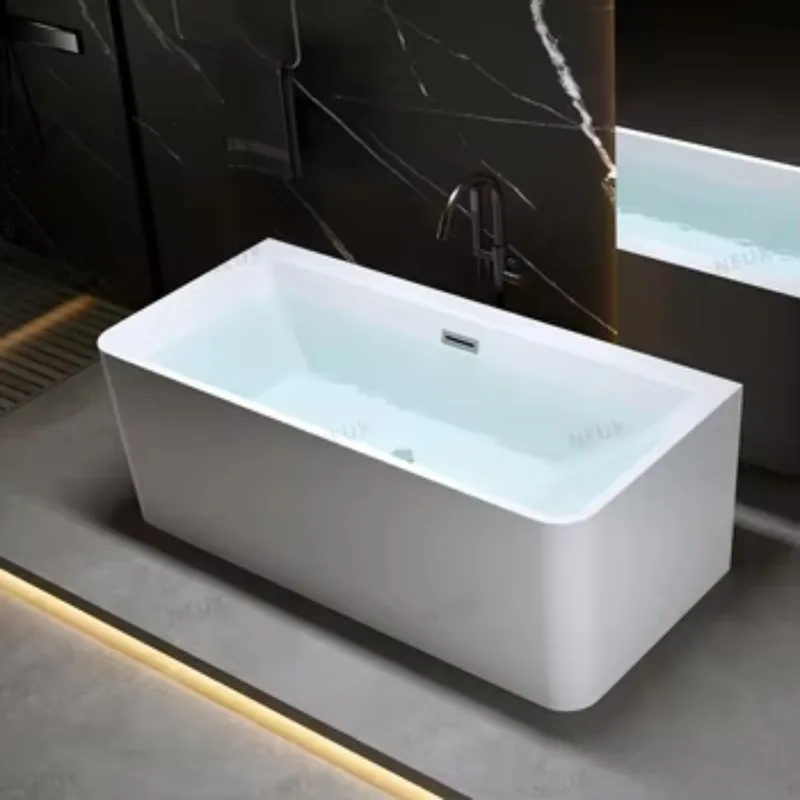 Modern Glossy White Acrylic Freestanding Bathtub Cheap Price 1.5m Rectangle Soaking Bath with Drainer Bathroom Accessory