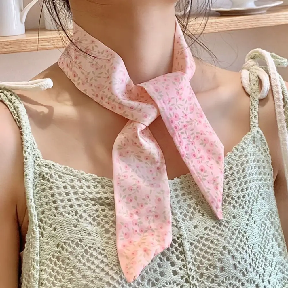 

Luxury Ribbon Floral Scarf Printed Retro Scarf Headband Thin Korean Style Long Scarves Beach
