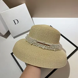 French Summer Hepburn Wind Lamp Cover Small Fragrance Pearl Light Luxury Sun Hat Fashion Big Brand Feeling Straw Hat