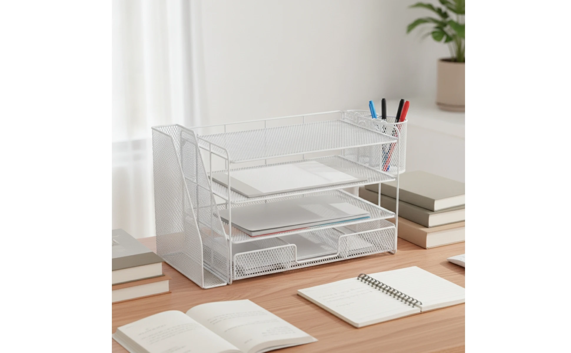 Mesh Desk Organizer with File Slot 4-Tier Desktop Organizer Rack Paper Letter Holder Open Design for Professionals, Office