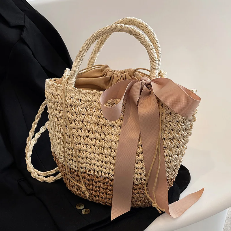 Bow Decors Bucket Shoulder Bags Handmade Straw Hollow out Bag Summer Female Travel Beach Bag Purse Vintage Handbags Bolsa