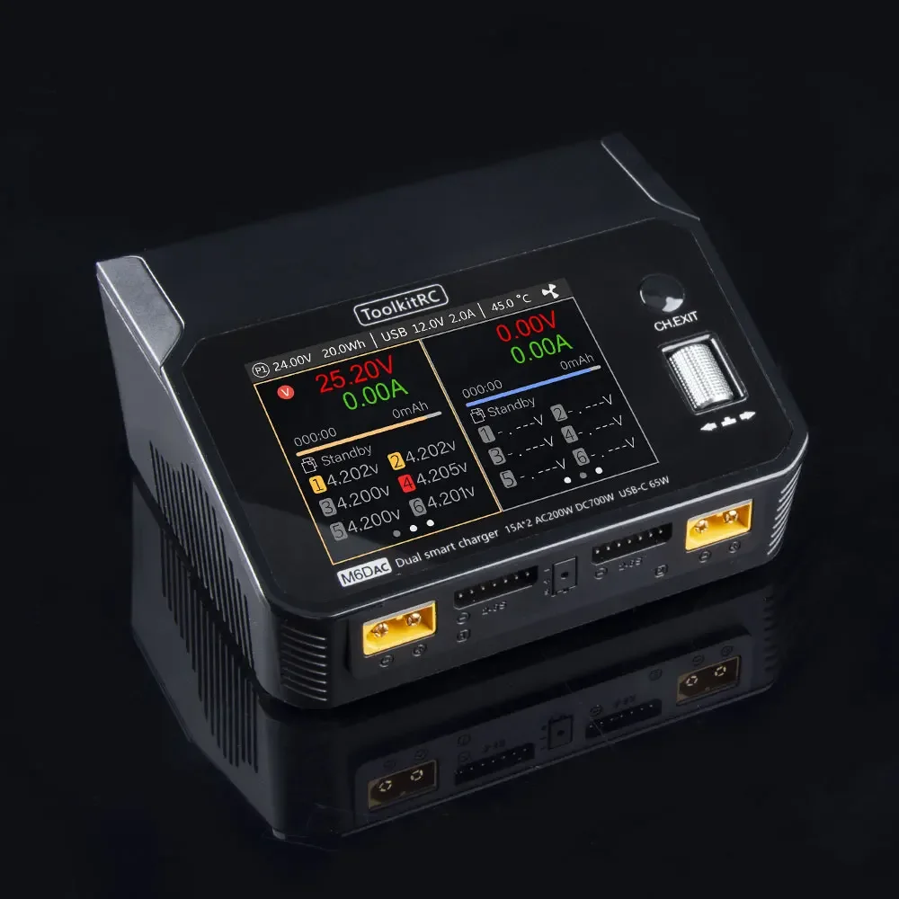 Двухканальное умное зарядное устройство ToolkitRC M6dac для литий-полимерных аккумуляторов, разрядник переменного тока 200 Вт постоянного тока Вт x2 15 А для 1-6sдля зарядки модели летательного аппарата дрона