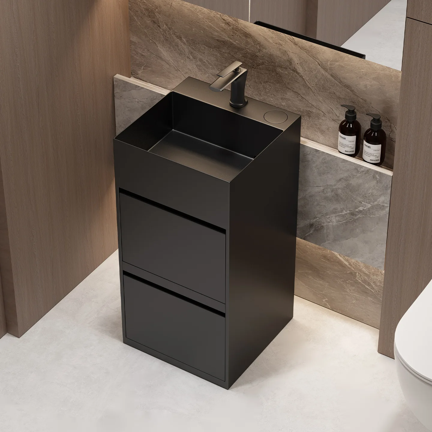 

Black Stainless Steel Column Basin, High-end Double-layer Drawer Wash Basin, Integrated Floor-to-ceiling Locker, Face Basin