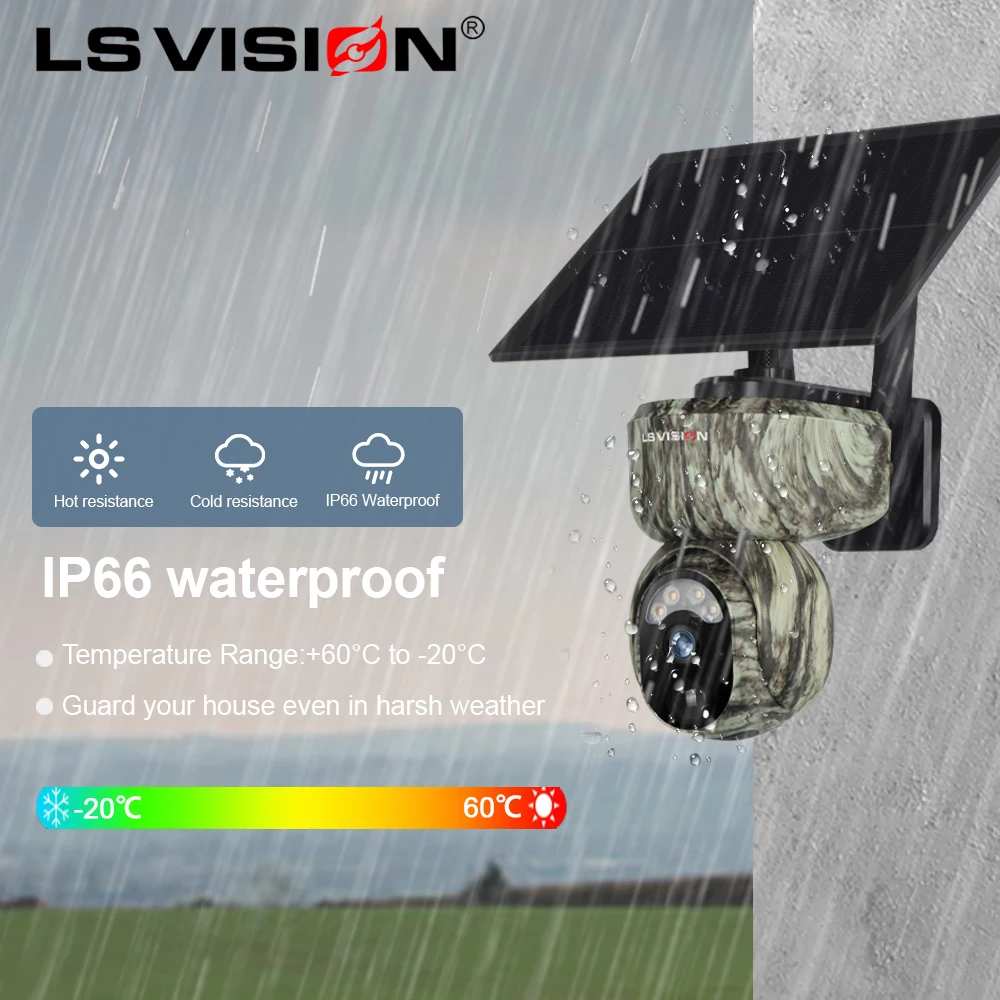 LS VISION 4MP Camouflage Solar Surveillance Camera Hunting Monitor Night Vision Animal Human Detection IP Camera Wi-Fi/4G CCTV