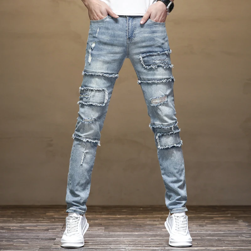 2024neue Retro Distressed Ripped Jeans Herren Patch Stretch Slim Fit Nähte gerade nostalgische High Street Motorrad hose