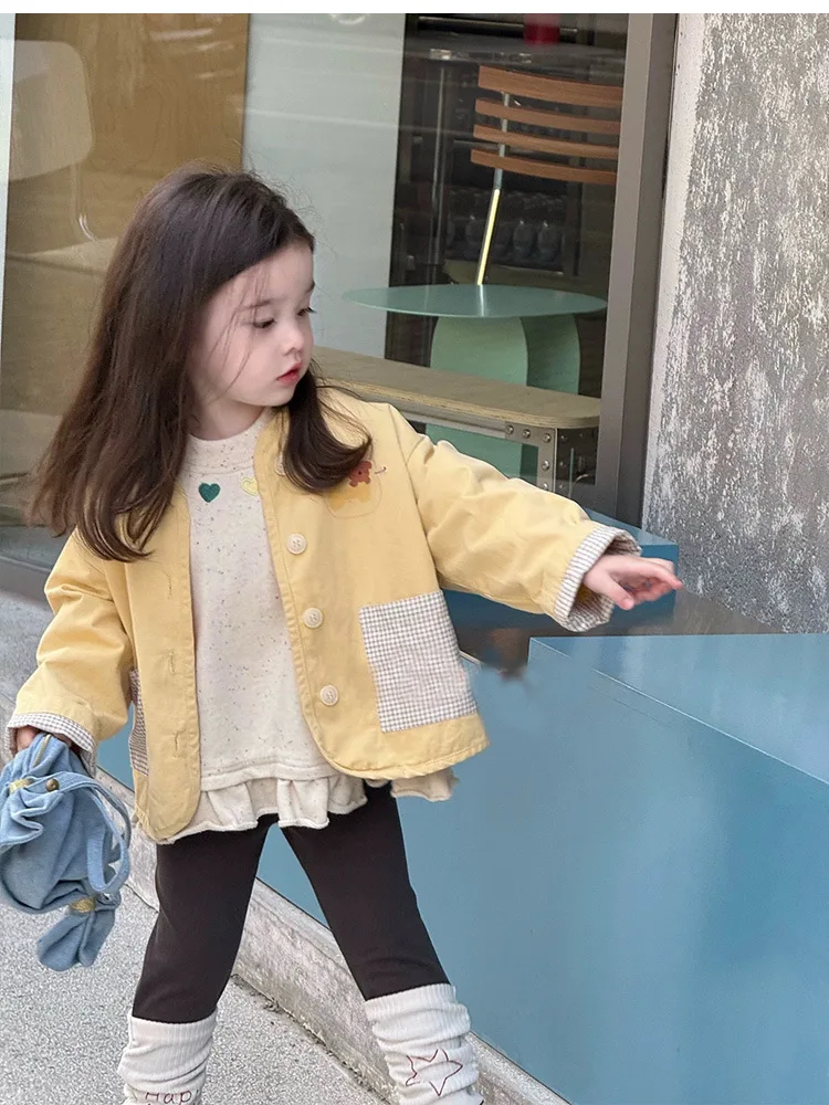 2025 New Girls' Single-Breasted Trench Coat Jacket Autumn Wear Crew Neck Loose Long Sleeve Top