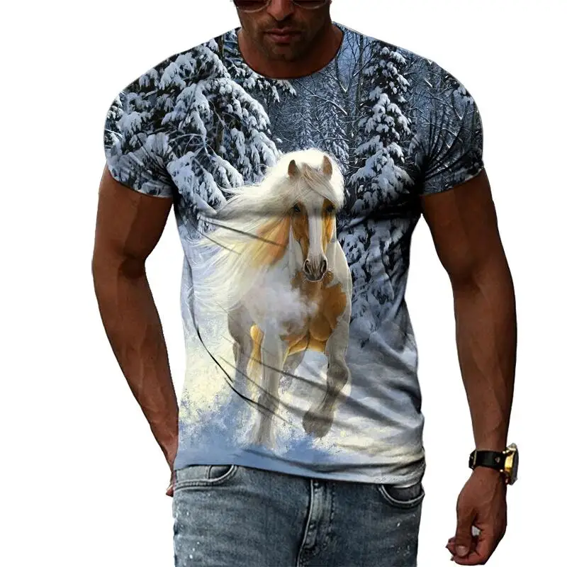 Men's Summer Fashion Graphic Horse T-Shirt 3D Print Casual Hip Hop Harajuku round Neck Short Sleeve Tee